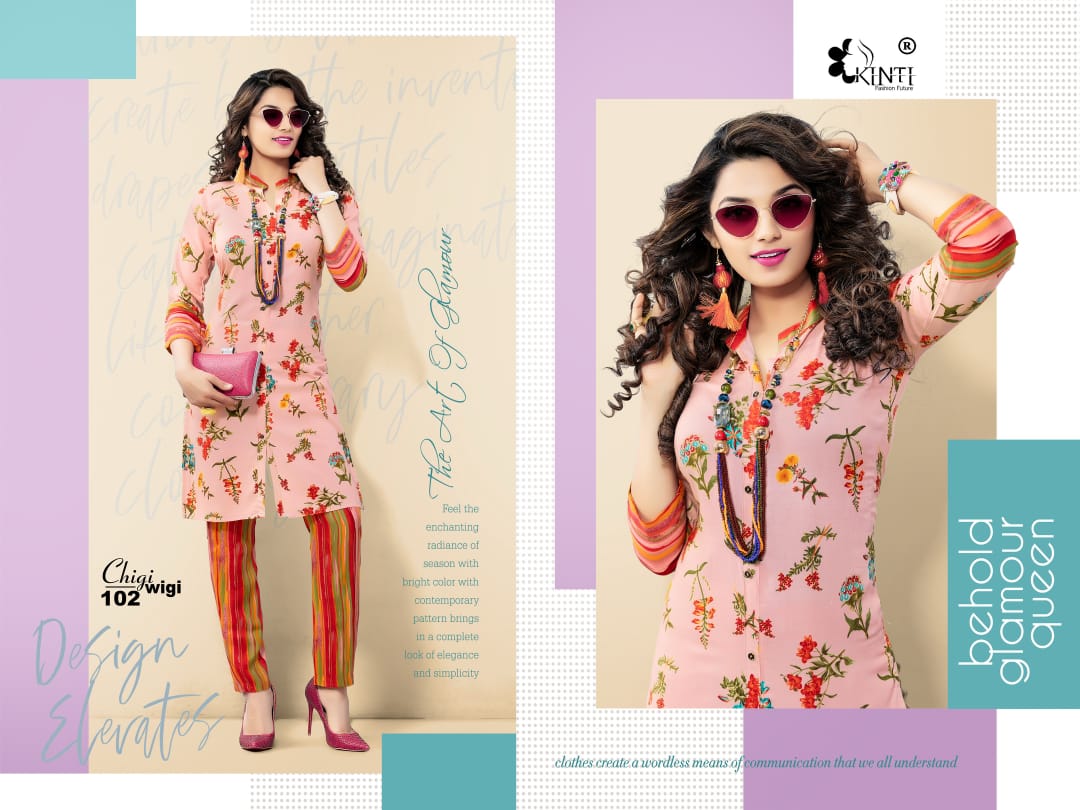 Chigi Wigi By Kinti 101 To 112 Series Beautiful Beautiful Stylish Fancy Colorful Casual Wear & Ethnic Wear Ready To Wear Rayon Print Kurtis With Bottom At Wholesale Price