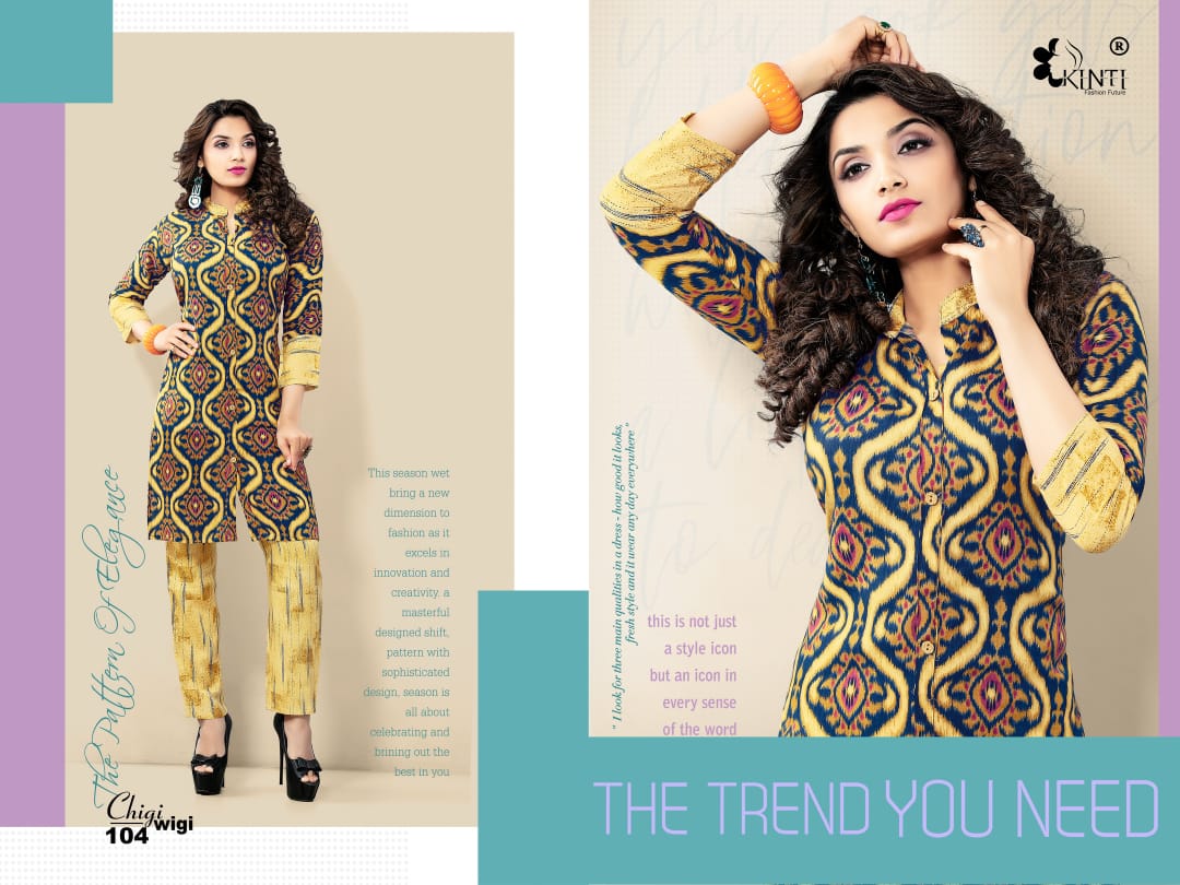 Chigi Wigi By Kinti 101 To 112 Series Beautiful Beautiful Stylish Fancy Colorful Casual Wear & Ethnic Wear Ready To Wear Rayon Print Kurtis With Bottom At Wholesale Price
