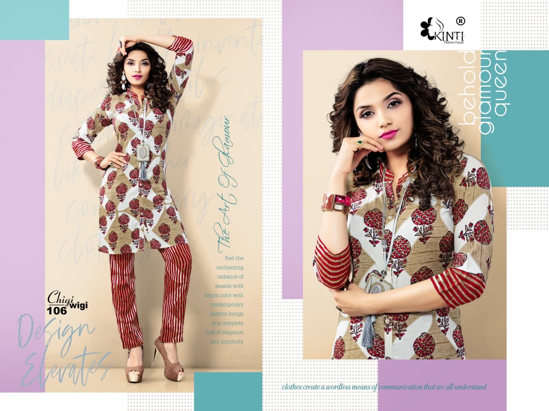Chigi Wigi By Kinti 101 To 112 Series Beautiful Beautiful Stylish Fancy Colorful Casual Wear & Ethnic Wear Ready To Wear Rayon Print Kurtis With Bottom At Wholesale Price