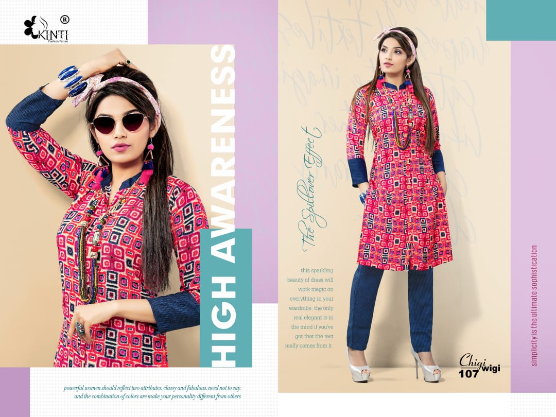 Chigi Wigi By Kinti 101 To 112 Series Beautiful Beautiful Stylish Fancy Colorful Casual Wear & Ethnic Wear Ready To Wear Rayon Print Kurtis With Bottom At Wholesale Price