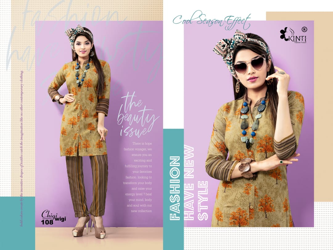 Chigi Wigi By Kinti 101 To 112 Series Beautiful Beautiful Stylish Fancy Colorful Casual Wear & Ethnic Wear Ready To Wear Rayon Print Kurtis With Bottom At Wholesale Price