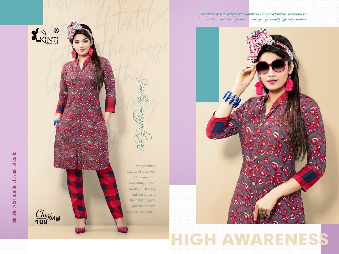 Chigi Wigi By Kinti 101 To 112 Series Beautiful Beautiful Stylish Fancy Colorful Casual Wear & Ethnic Wear Ready To Wear Rayon Print Kurtis With Bottom At Wholesale Price