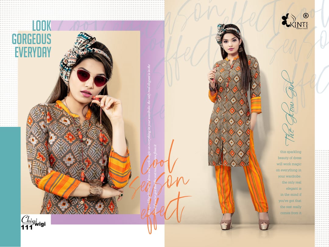 Chigi Wigi By Kinti 101 To 112 Series Beautiful Beautiful Stylish Fancy Colorful Casual Wear & Ethnic Wear Ready To Wear Rayon Print Kurtis With Bottom At Wholesale Price