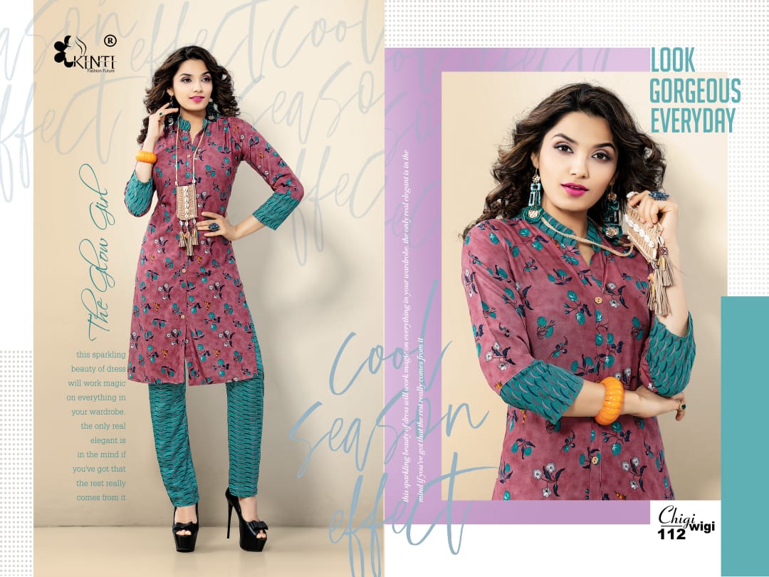 Chigi Wigi By Kinti 101 To 112 Series Beautiful Beautiful Stylish Fancy Colorful Casual Wear & Ethnic Wear Ready To Wear Rayon Print Kurtis With Bottom At Wholesale Price