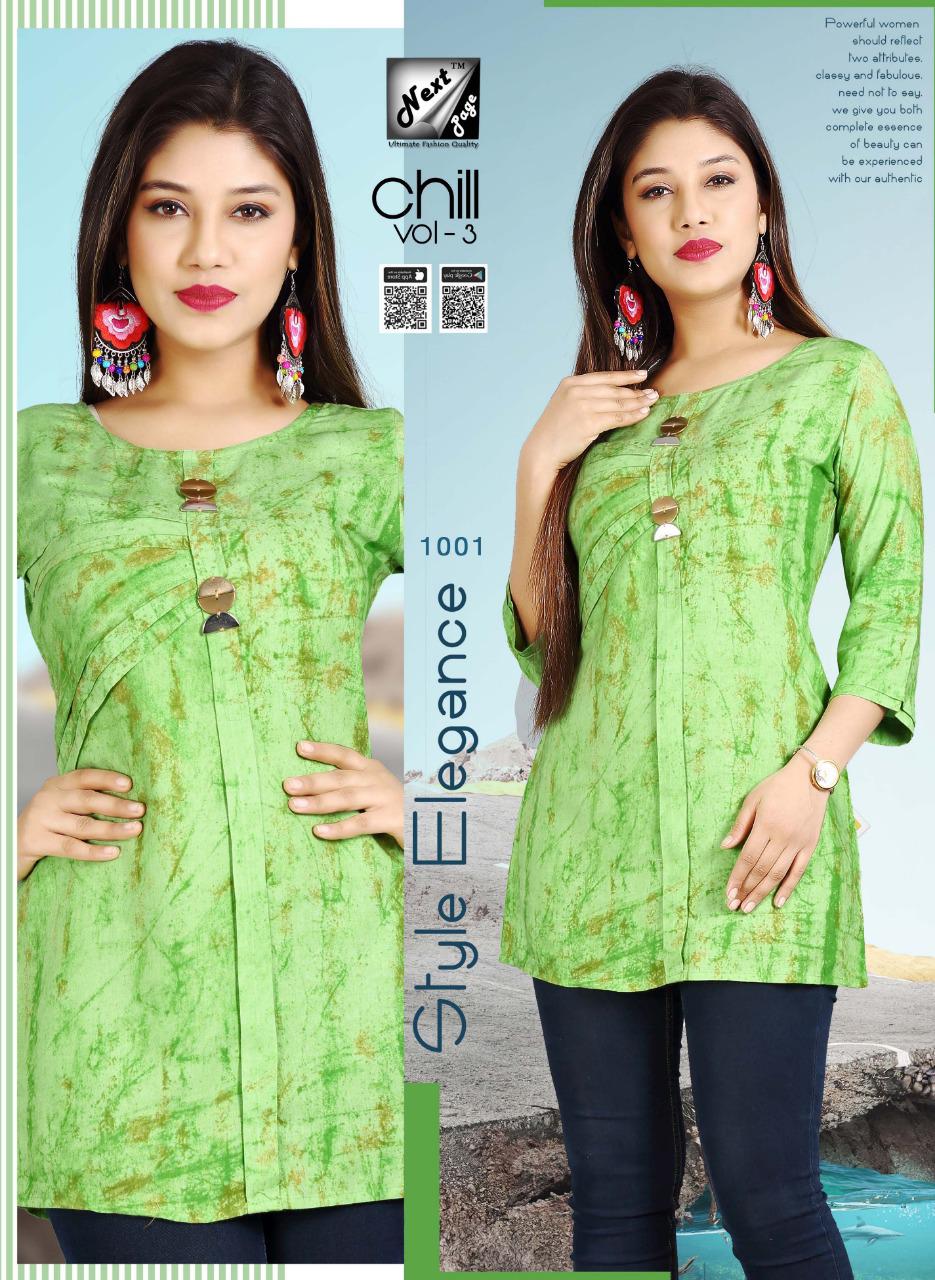 Chill Vol-3 By Next Page 1001 To 1010 Series Beautiful Stylish Colorful Fancy Party Wear & Ethnic Wear & Ready To Wear Heavy Rayon Printed Kurtis/ Tops At Wholesale Price