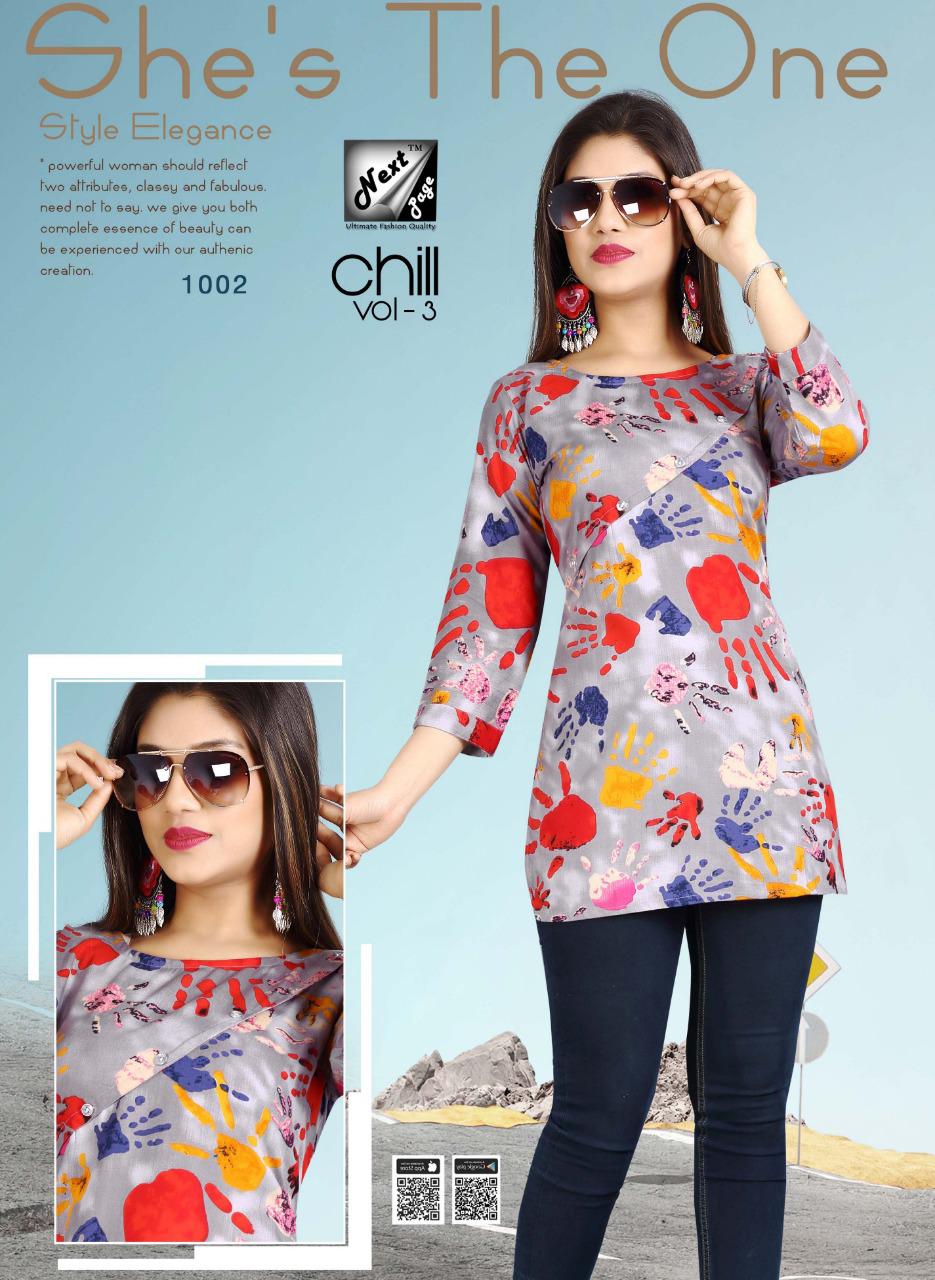 Chill Vol-3 By Next Page 1001 To 1010 Series Beautiful Stylish Colorful Fancy Party Wear & Ethnic Wear & Ready To Wear Heavy Rayon Printed Kurtis/ Tops At Wholesale Price