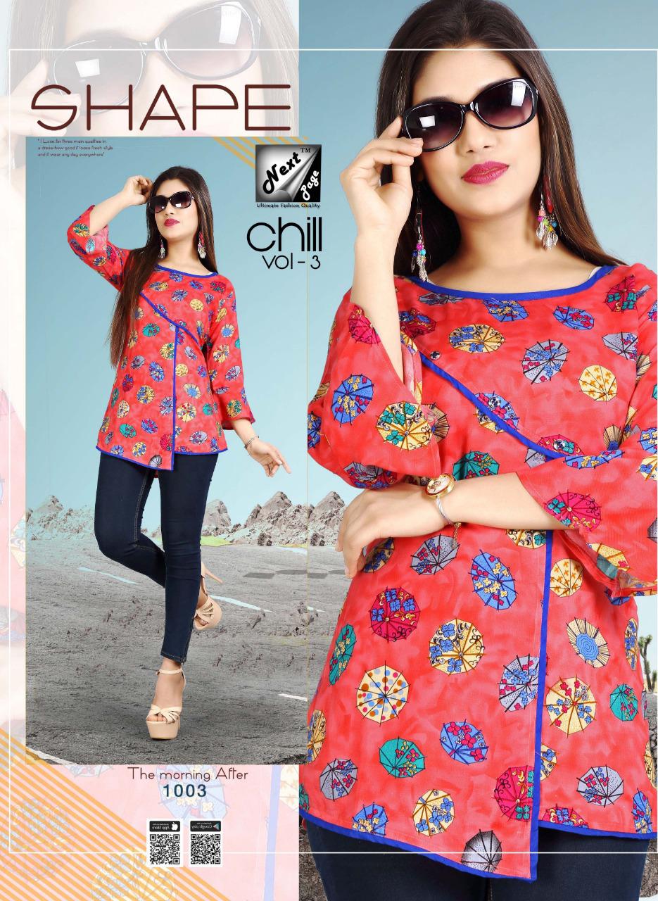 Chill Vol-3 By Next Page 1001 To 1010 Series Beautiful Stylish Colorful Fancy Party Wear & Ethnic Wear & Ready To Wear Heavy Rayon Printed Kurtis/ Tops At Wholesale Price