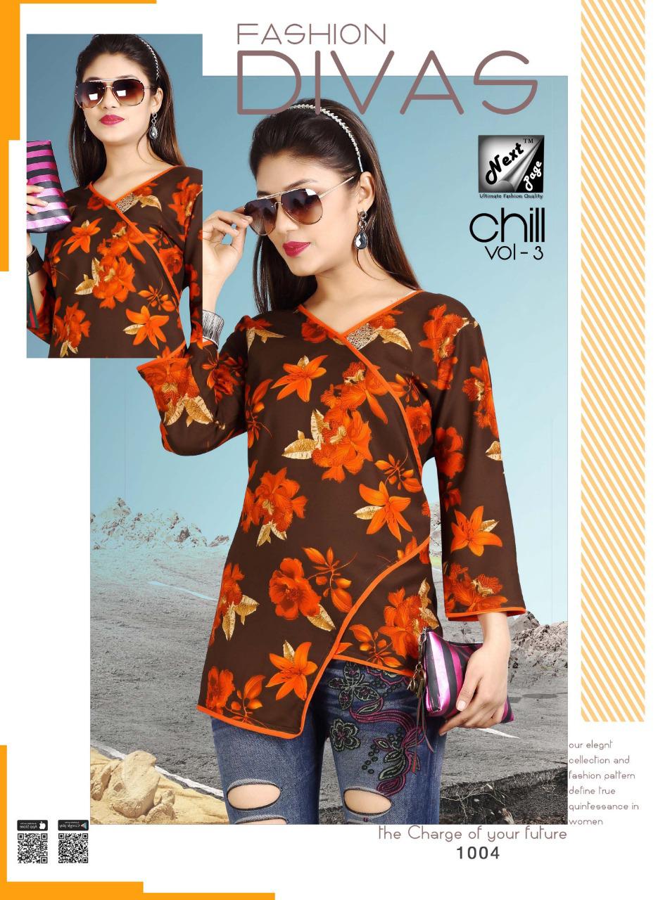 Chill Vol-3 By Next Page 1001 To 1010 Series Beautiful Stylish Colorful Fancy Party Wear & Ethnic Wear & Ready To Wear Heavy Rayon Printed Kurtis/ Tops At Wholesale Price