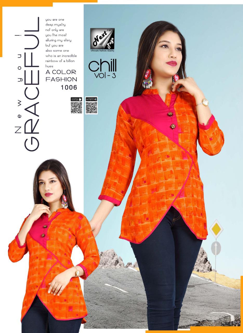 Chill Vol-3 By Next Page 1001 To 1010 Series Beautiful Stylish Colorful Fancy Party Wear & Ethnic Wear & Ready To Wear Heavy Rayon Printed Kurtis/ Tops At Wholesale Price
