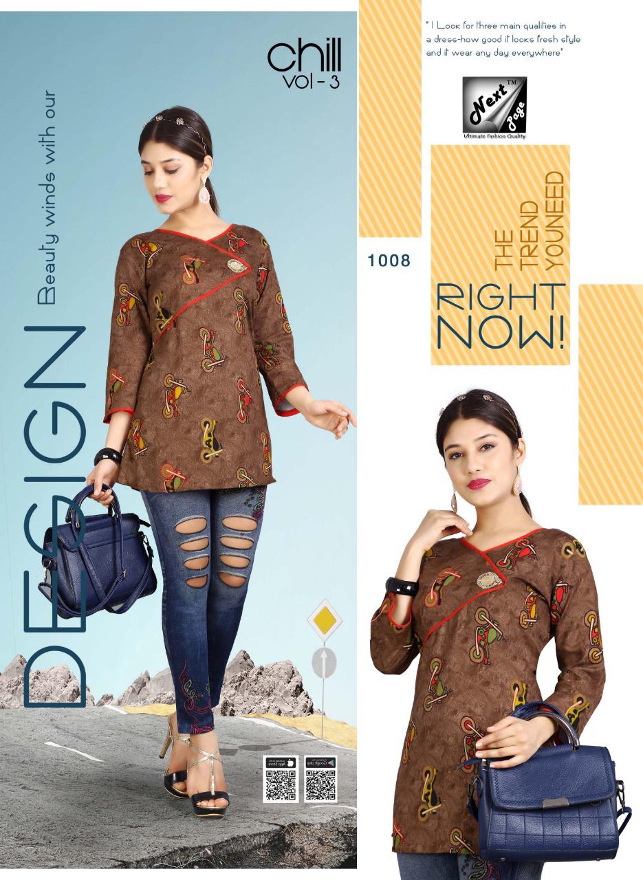 Chill Vol-3 By Next Page 1001 To 1010 Series Beautiful Stylish Colorful Fancy Party Wear & Ethnic Wear & Ready To Wear Heavy Rayon Printed Kurtis/ Tops At Wholesale Price