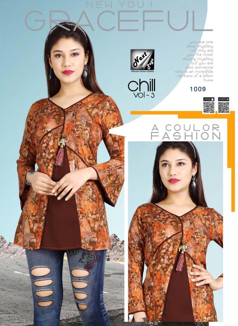 Chill Vol-3 By Next Page 1001 To 1010 Series Beautiful Stylish Colorful Fancy Party Wear & Ethnic Wear & Ready To Wear Heavy Rayon Printed Kurtis/ Tops At Wholesale Price