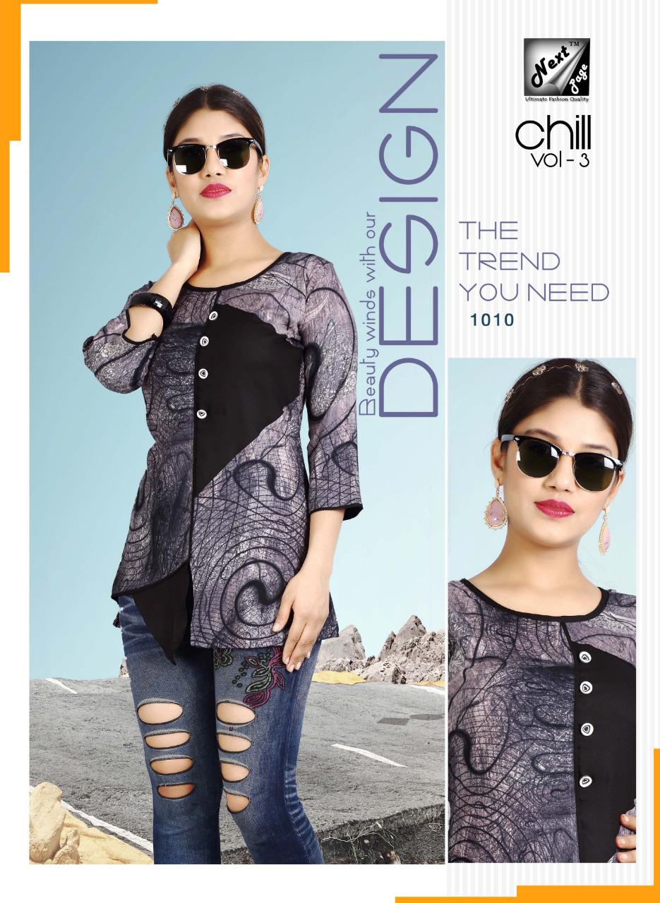 Chill Vol-3 By Next Page 1001 To 1010 Series Beautiful Stylish Colorful Fancy Party Wear & Ethnic Wear & Ready To Wear Heavy Rayon Printed Kurtis/ Tops At Wholesale Price