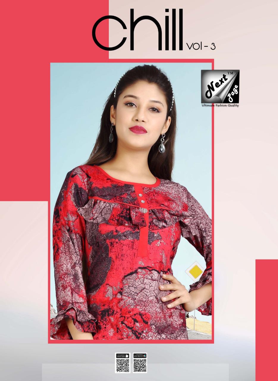 Chill Vol-3 By Next Page 1001 To 1010 Series Beautiful Stylish Colorful Fancy Party Wear & Ethnic Wear & Ready To Wear Heavy Rayon Printed Kurtis/ Tops At Wholesale Price