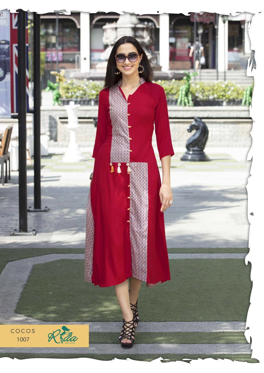 Cocos By Riaa Lifestyle 1001 To 1008 Series Designer Stylish Fancy Beautiful Stylish Colorful Party Wear & Ethnic Wear Rayon & Cotton Printed Kurtis At Wholesale Price