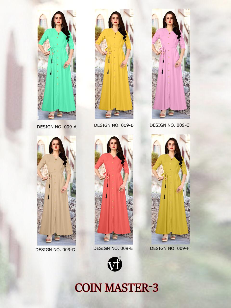 Coin Master Vol-3 By Vee Fab India 009-a To 009-f Series Stylish Fancy Colorful Collection Casual Wear & Ethnic Wear Rayon Dyed Printed Kurtis At Wholesale Price