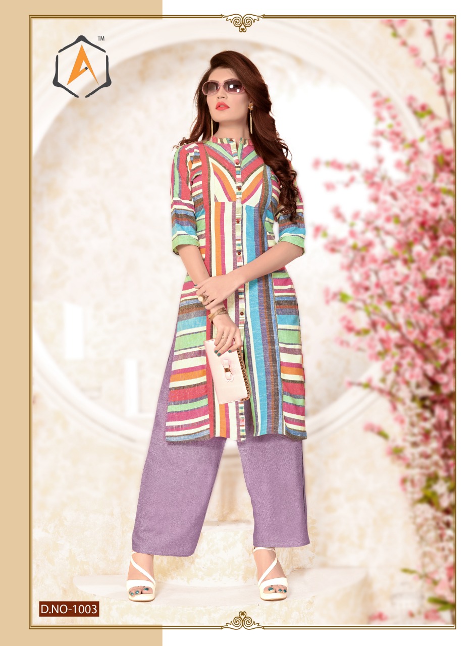 Color Full Vol-1 By Apple Kurtis 1001 To 1006 Series Stylish Fancy Beautiful Colorful Casual Wear & Ethnic Wear Strip Lining Cotton Kurtis With Bottom At Wholesale Price