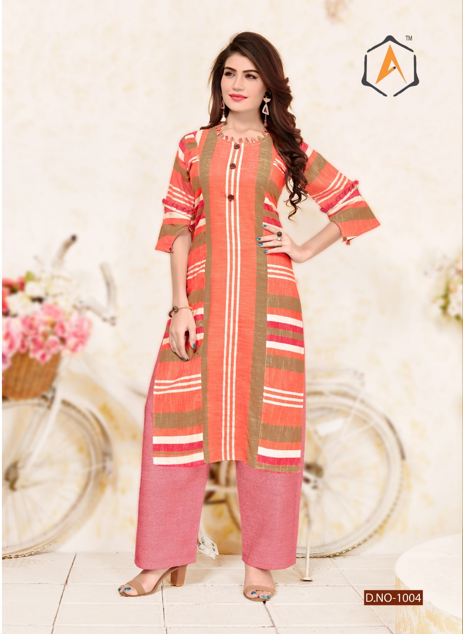 Color Full Vol-1 By Apple Kurtis 1001 To 1006 Series Stylish Fancy Beautiful Colorful Casual Wear & Ethnic Wear Strip Lining Cotton Kurtis With Bottom At Wholesale Price