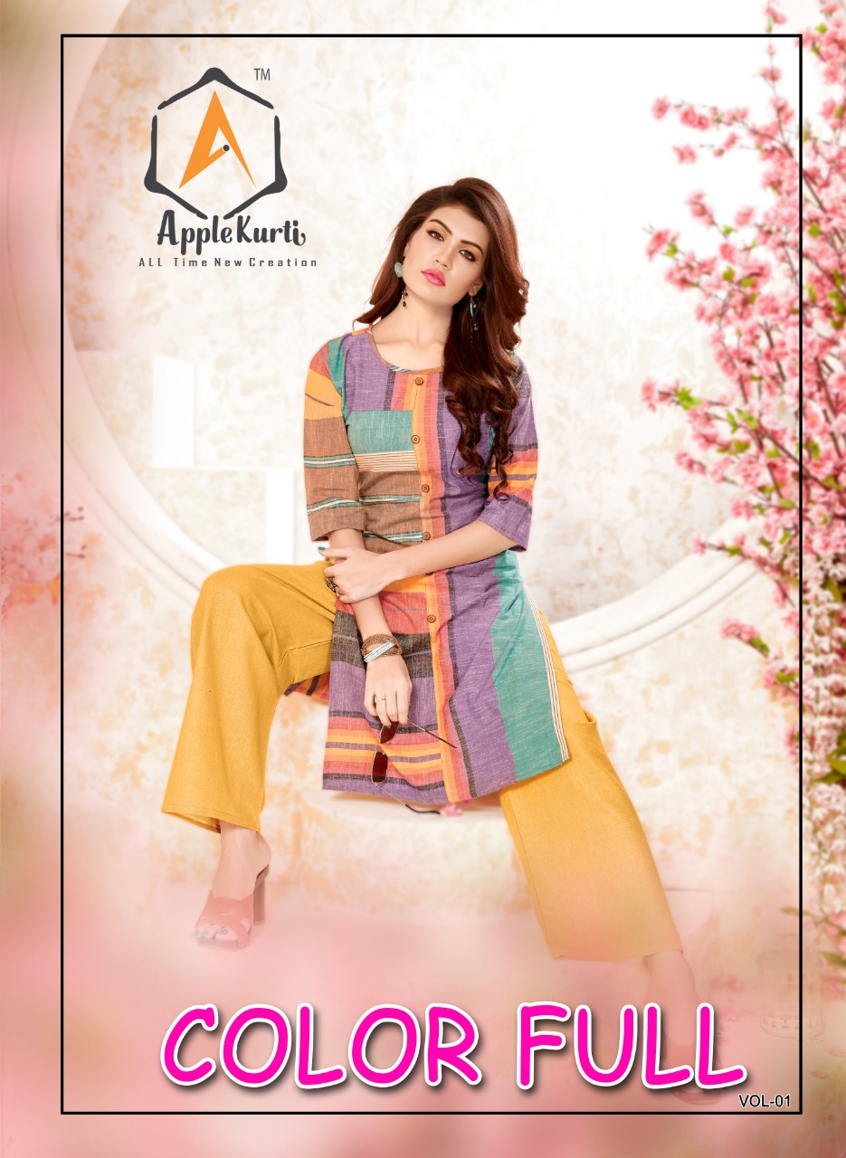Color Full Vol-1 By Apple Kurtis 1001 To 1006 Series Stylish Fancy Beautiful Colorful Casual Wear & Ethnic Wear Strip Lining Cotton Kurtis With Bottom At Wholesale Price