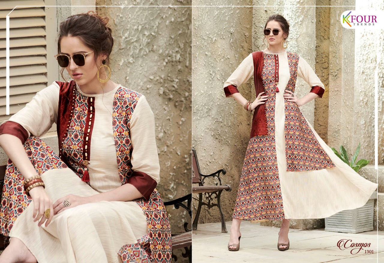 Cosmos By Kfour Trends 1301 To 1306 Series Beautiful Colorful Stylish Fancy Casual Wear & Ethnic Wear & Ready To Wear Fancy Rayon Embroidered Kurtis At Wholesale Price