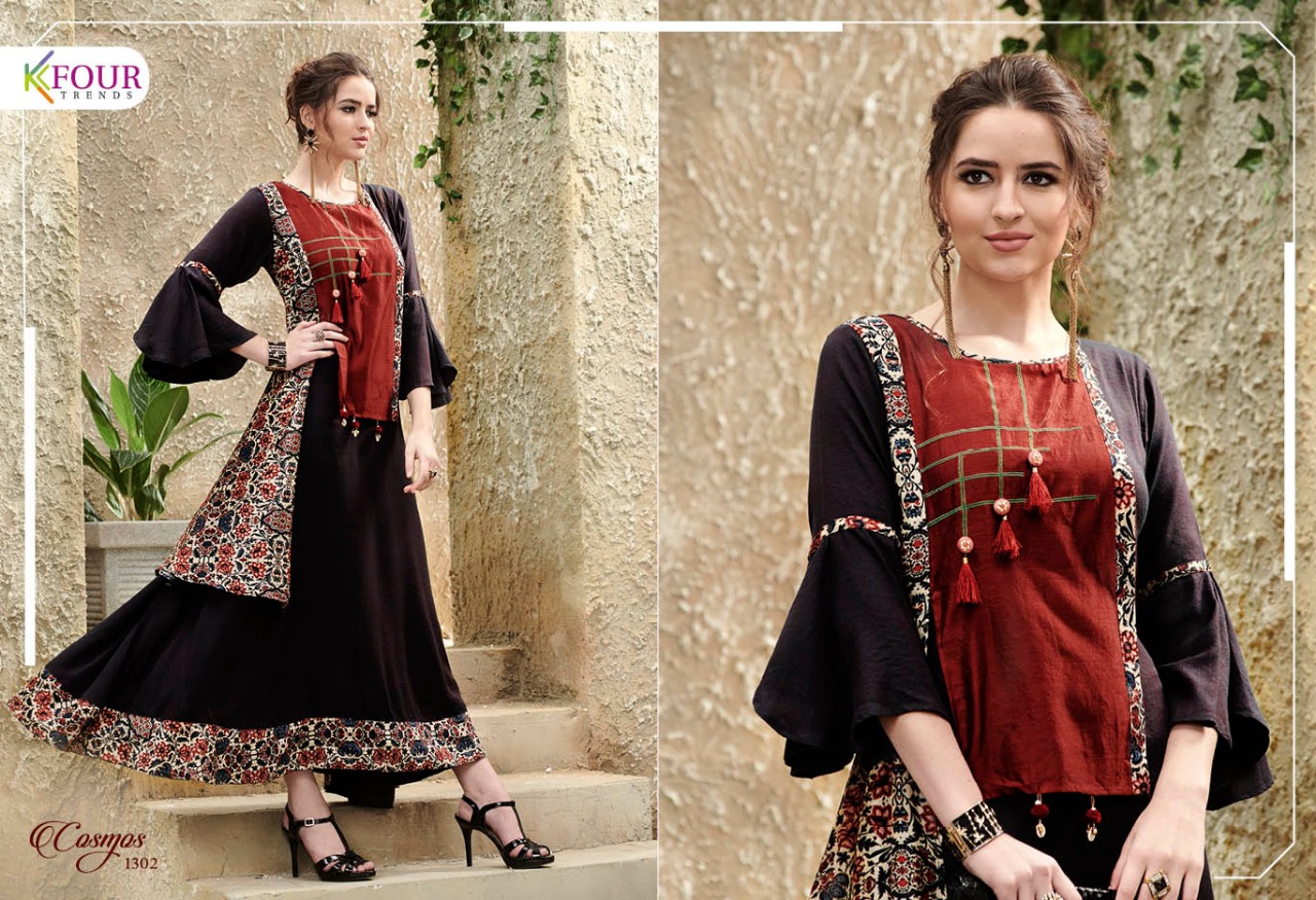 Cosmos By Kfour Trends 1301 To 1306 Series Beautiful Colorful Stylish Fancy Casual Wear & Ethnic Wear & Ready To Wear Fancy Rayon Embroidered Kurtis At Wholesale Price