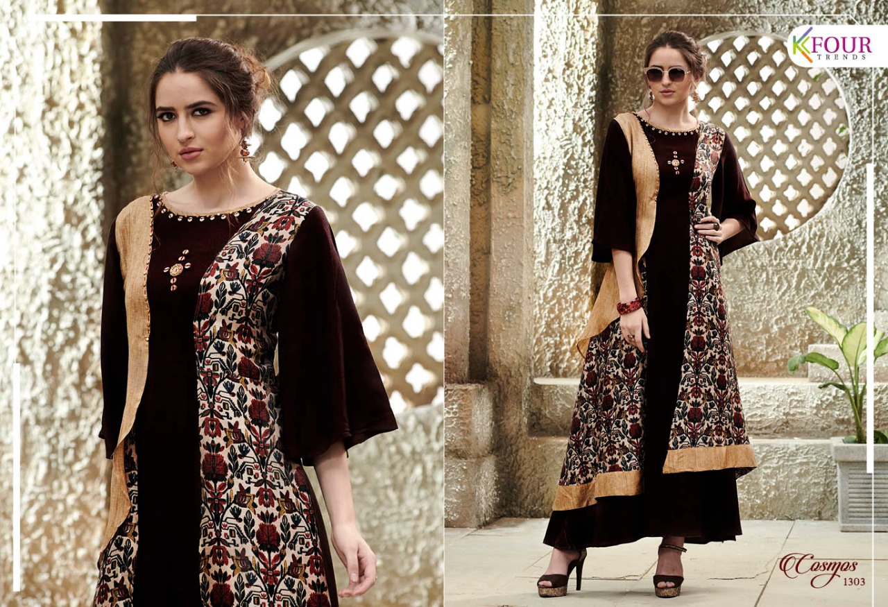 Cosmos By Kfour Trends 1301 To 1306 Series Beautiful Colorful Stylish Fancy Casual Wear & Ethnic Wear & Ready To Wear Fancy Rayon Embroidered Kurtis At Wholesale Price