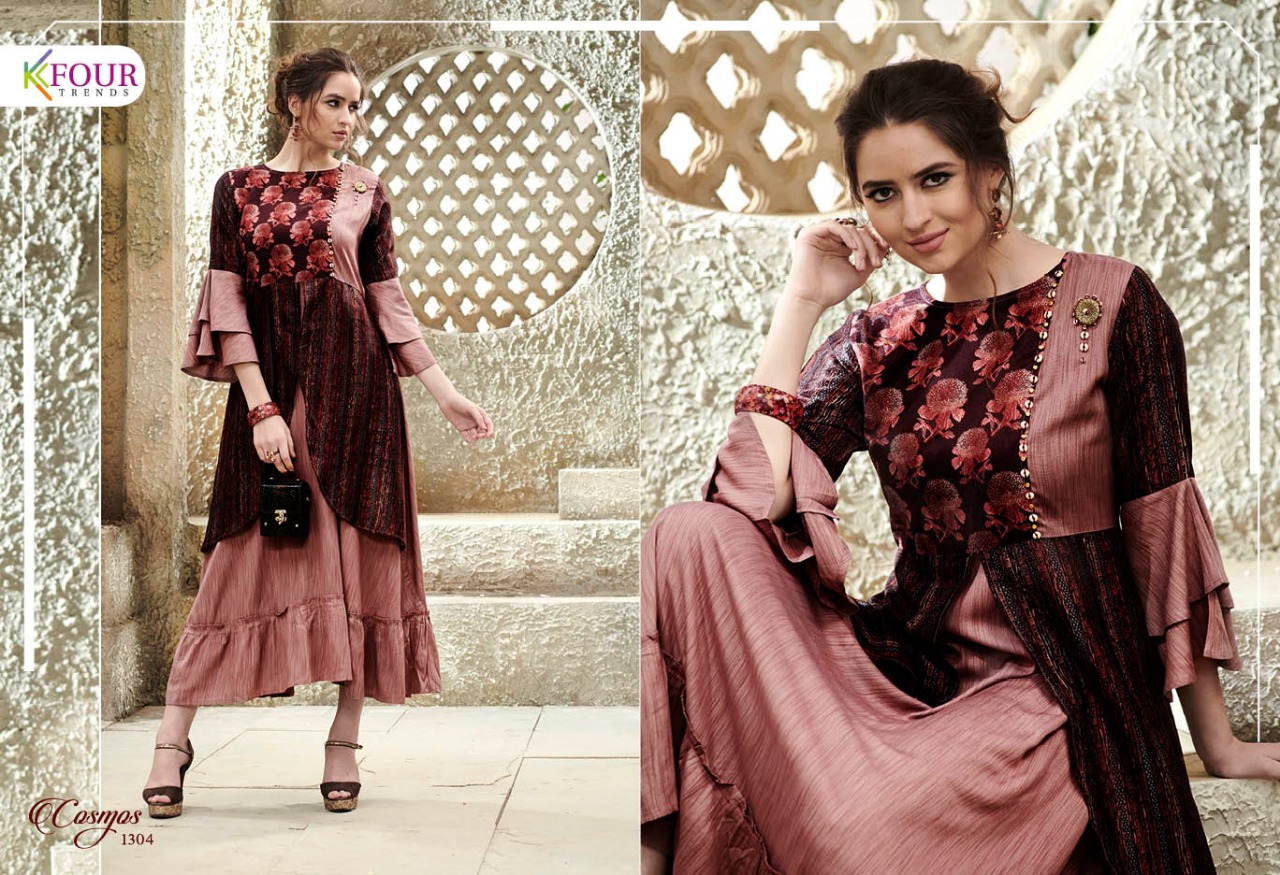 Cosmos By Kfour Trends 1301 To 1306 Series Beautiful Colorful Stylish Fancy Casual Wear & Ethnic Wear & Ready To Wear Fancy Rayon Embroidered Kurtis At Wholesale Price