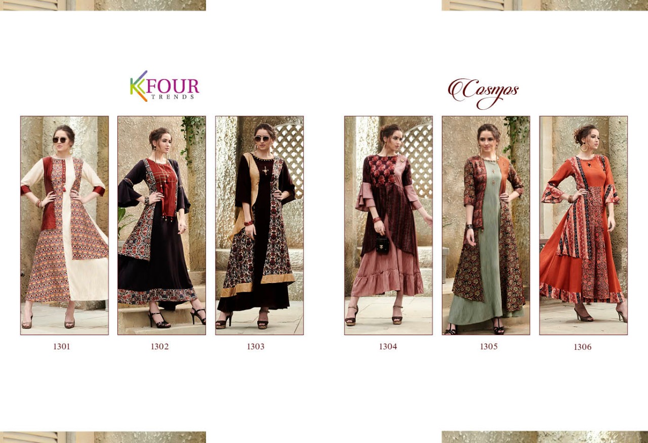 Cosmos By Kfour Trends 1301 To 1306 Series Beautiful Colorful Stylish Fancy Casual Wear & Ethnic Wear & Ready To Wear Fancy Rayon Embroidered Kurtis At Wholesale Price