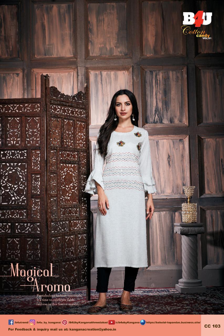 Cotton Candy Vol-1 By B4u 101 To 110 Series Beautiful Colorful Stylish Fancy Casual Wear & Ethnic Wear & Ready To Wear Cotton Embroidery Kurtis At Wholesale Price