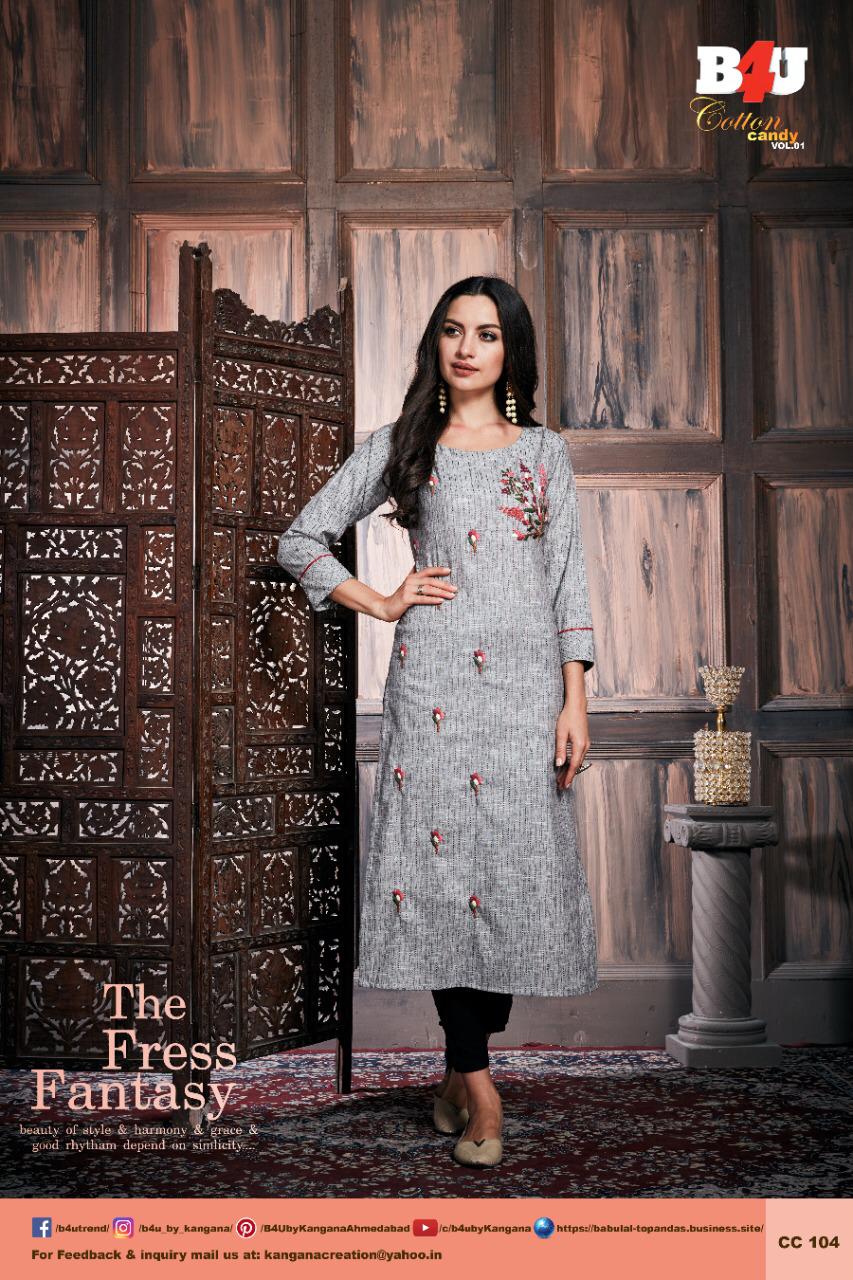 Cotton Candy Vol-1 By B4u 101 To 110 Series Beautiful Colorful Stylish Fancy Casual Wear & Ethnic Wear & Ready To Wear Cotton Embroidery Kurtis At Wholesale Price