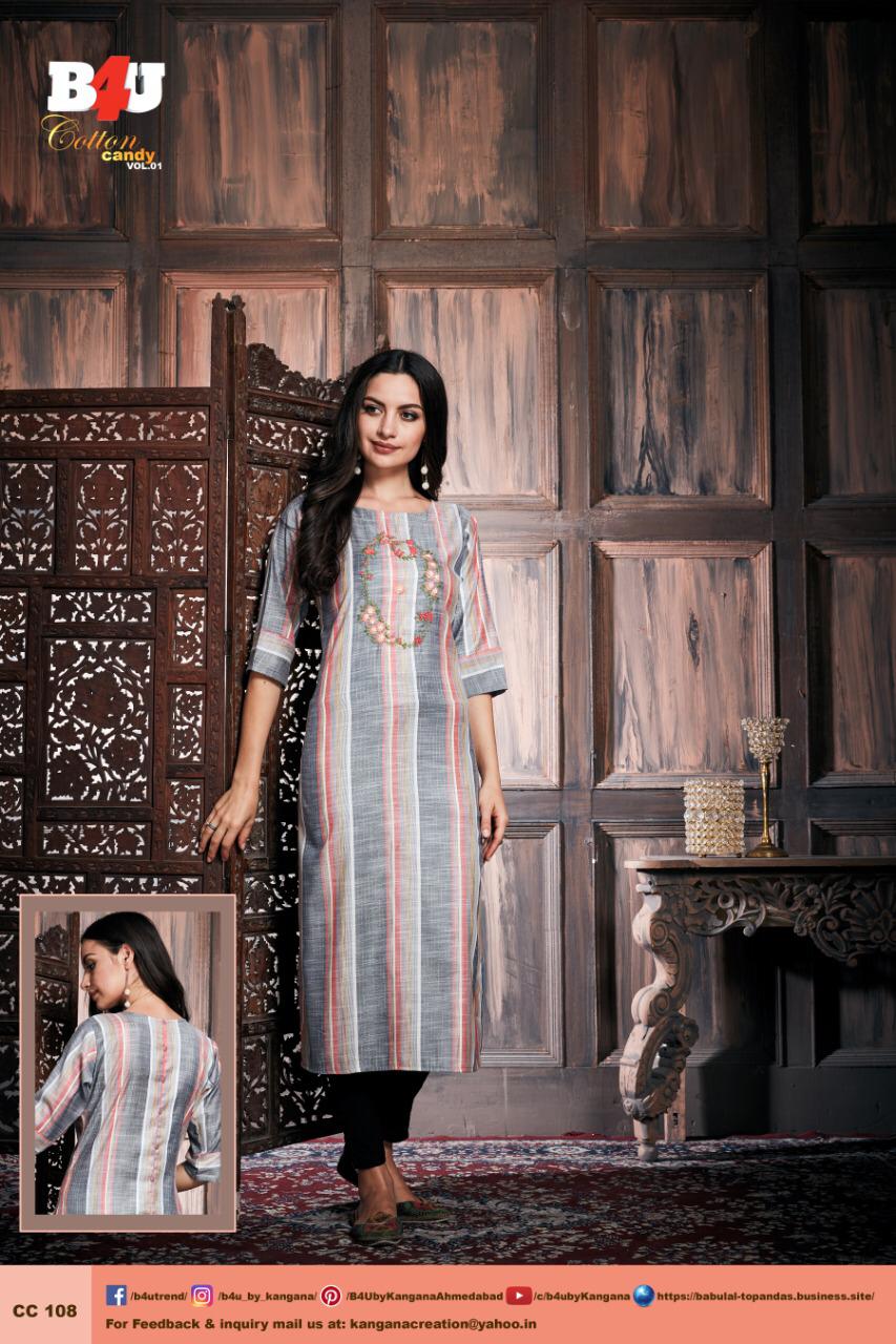 Cotton Candy Vol-1 By B4u 101 To 110 Series Beautiful Colorful Stylish Fancy Casual Wear & Ethnic Wear & Ready To Wear Cotton Embroidery Kurtis At Wholesale Price