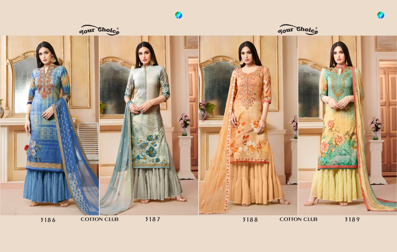 Cotton Club By Your Choice 3186 To 3189 Series Designer Sarara Suits Collection Beautiful Stylish Fancy Colorful Party Wear & Occasional Wear Jam Silk Digital Print Dresses At Wholesale Price