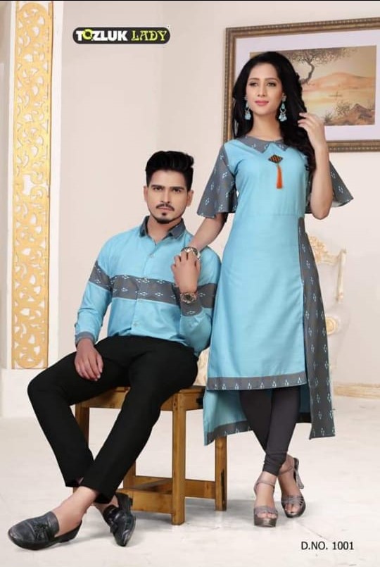 Couple Dress By Tozluk Lady 1001 To 1007 Series Beautiful Stylish Colorful Fancy Party Wear & Ethnic Wear & Ready To Wear Cotton Digital Printed Kurtis With Shirts At Wholesale Price