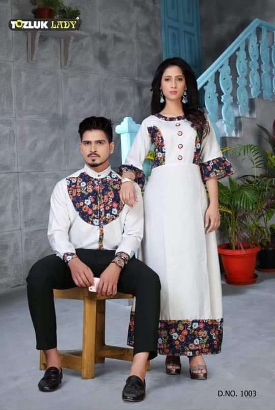 Couple Dress By Tozluk Lady 1001 To 1007 Series Beautiful Stylish Colorful Fancy Party Wear & Ethnic Wear & Ready To Wear Cotton Digital Printed Kurtis With Shirts At Wholesale Price