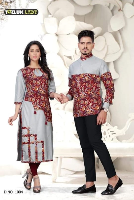 Couple Dress By Tozluk Lady 1001 To 1007 Series Beautiful Stylish Colorful Fancy Party Wear & Ethnic Wear & Ready To Wear Cotton Digital Printed Kurtis With Shirts At Wholesale Price