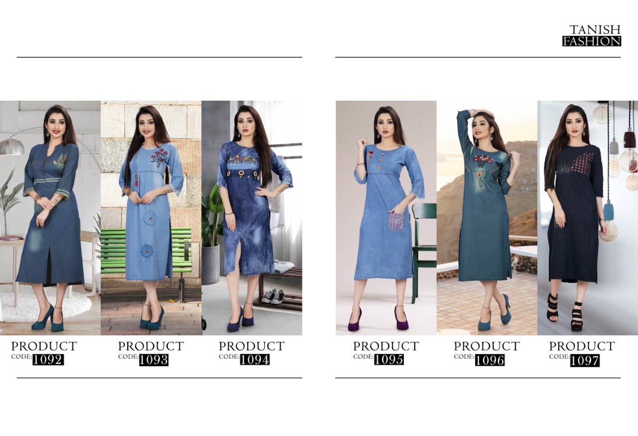 Crazy Denim By Tanish Fashion 1092 To 1097 Series Beautiful Colorful Stylish Fancy Casual Wear & Ethnic Wear & Ready To Wear Denim Cotton Kurtis At Wholesale Price