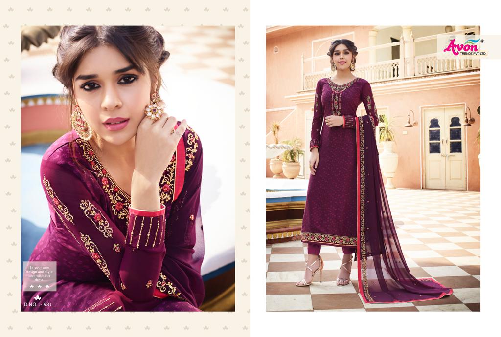 Crepe Silk By Avon 981 To 987 Series Indian Traditional Wear Collection Beautiful Stylish Fancy Colorful Party Wear & Occasional Wear French Crepe Silk With Embroidery Dress At Wholesale Price