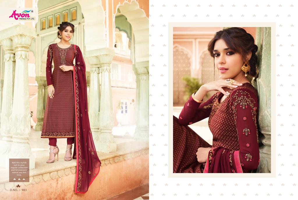 Crepe Silk By Avon 981 To 987 Series Indian Traditional Wear Collection Beautiful Stylish Fancy Colorful Party Wear & Occasional Wear French Crepe Silk With Embroidery Dress At Wholesale Price