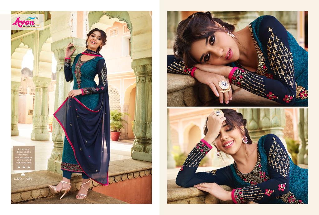 Crepe Silk By Avon 981 To 987 Series Indian Traditional Wear Collection Beautiful Stylish Fancy Colorful Party Wear & Occasional Wear French Crepe Silk With Embroidery Dress At Wholesale Price