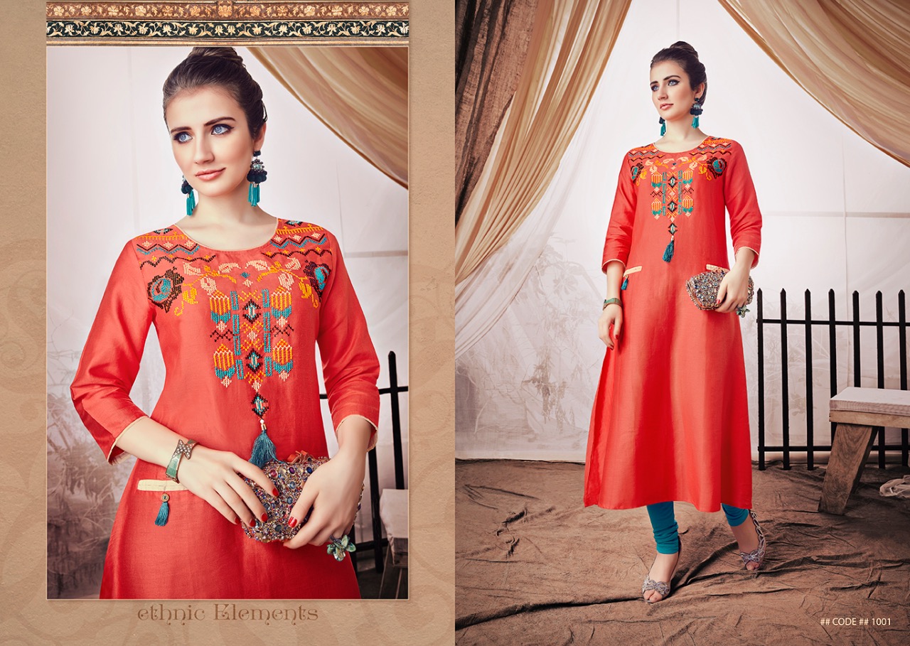 Creta By S More Fashion 1001 To 1006 Series Beautiful Stylish Fancy Colorful Casual Wear & Ethnic Wear & Ready To Wear Linen Satin With Embroidery Kurtis At Wholesale Price