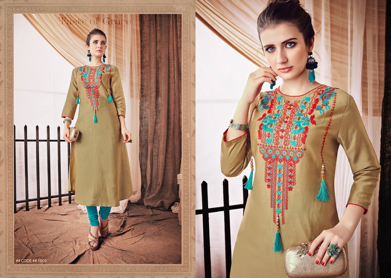 Creta By S More Fashion 1001 To 1006 Series Beautiful Stylish Fancy Colorful Casual Wear & Ethnic Wear & Ready To Wear Linen Satin With Embroidery Kurtis At Wholesale Price