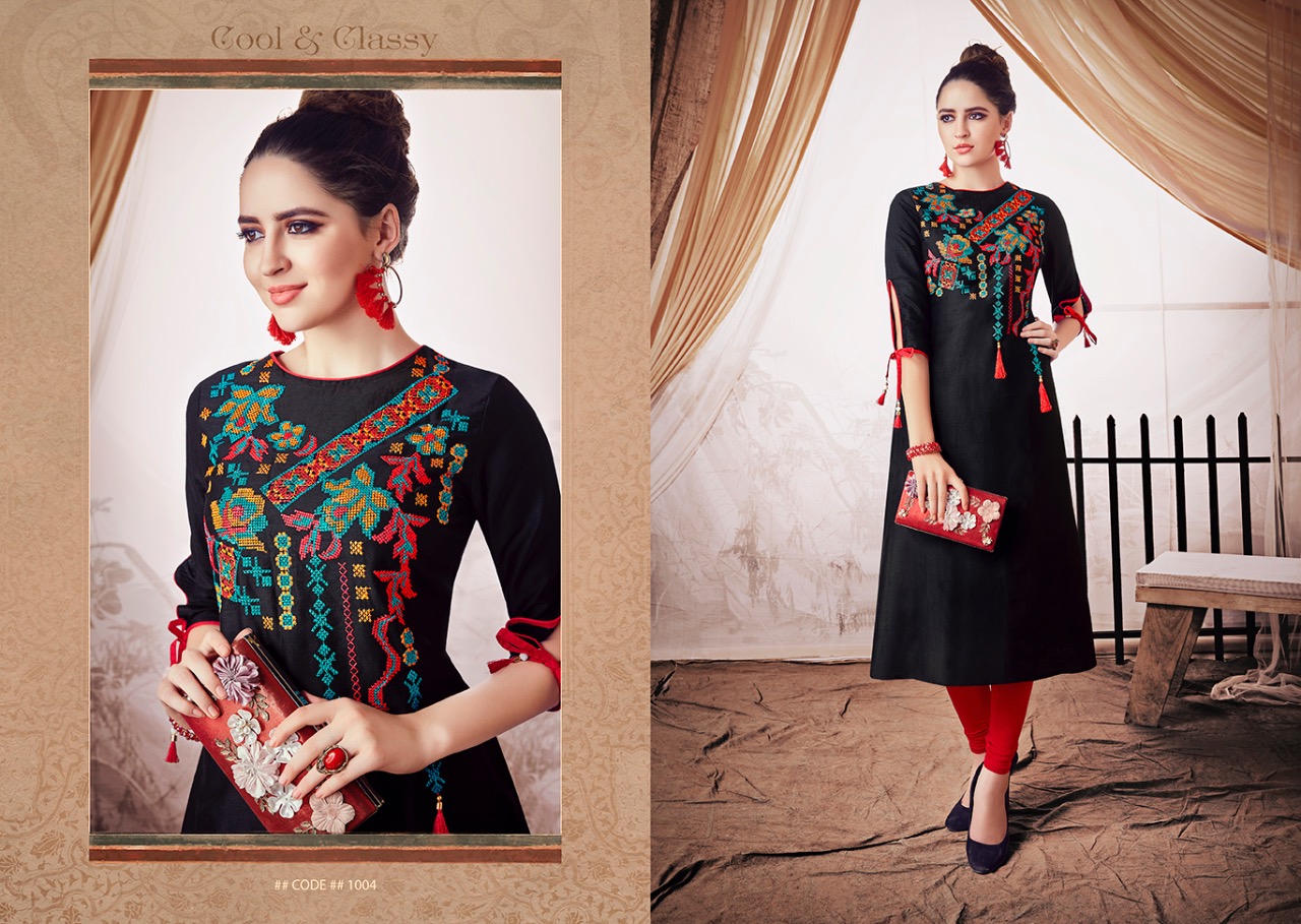 Creta By S More Fashion 1001 To 1006 Series Beautiful Stylish Fancy Colorful Casual Wear & Ethnic Wear & Ready To Wear Linen Satin With Embroidery Kurtis At Wholesale Price
