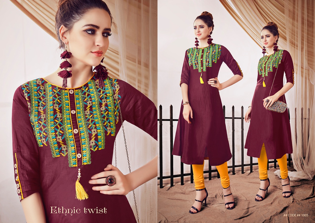 Creta By S More Fashion 1001 To 1006 Series Beautiful Stylish Fancy Colorful Casual Wear & Ethnic Wear & Ready To Wear Linen Satin With Embroidery Kurtis At Wholesale Price