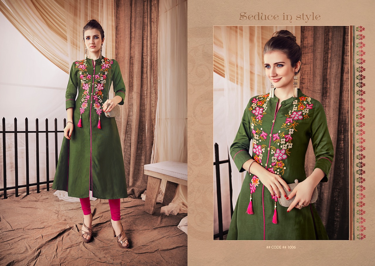 Creta By S More Fashion 1001 To 1006 Series Beautiful Stylish Fancy Colorful Casual Wear & Ethnic Wear & Ready To Wear Linen Satin With Embroidery Kurtis At Wholesale Price