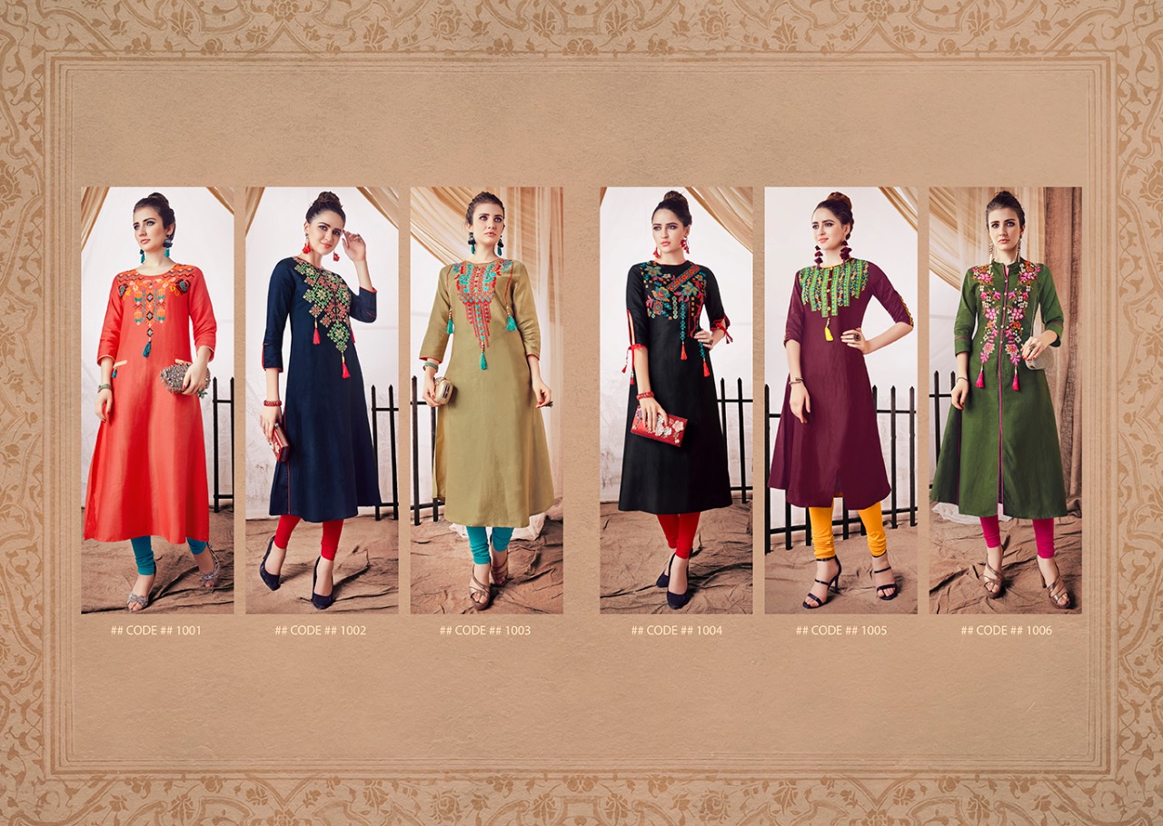 Creta By S More Fashion 1001 To 1006 Series Beautiful Stylish Fancy Colorful Casual Wear & Ethnic Wear & Ready To Wear Linen Satin With Embroidery Kurtis At Wholesale Price