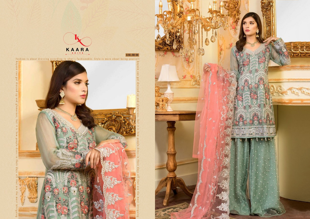 Crimson-19 By Kaara Suits 501-101 To 501-106 Series Designer Pakistani Suits Beautiful Stylish Fancy Colorful Party Wear & Ethnic Wear Faux Georgette/net With Heavy Embroidery Dresses At Wholesale Price