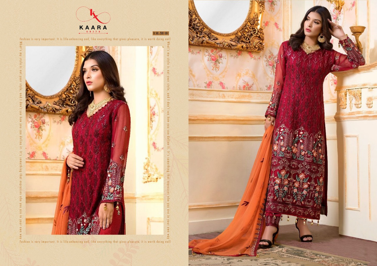 Crimson-19 By Kaara Suits 501-101 To 501-106 Series Designer Pakistani Suits Beautiful Stylish Fancy Colorful Party Wear & Ethnic Wear Faux Georgette/net With Heavy Embroidery Dresses At Wholesale Price