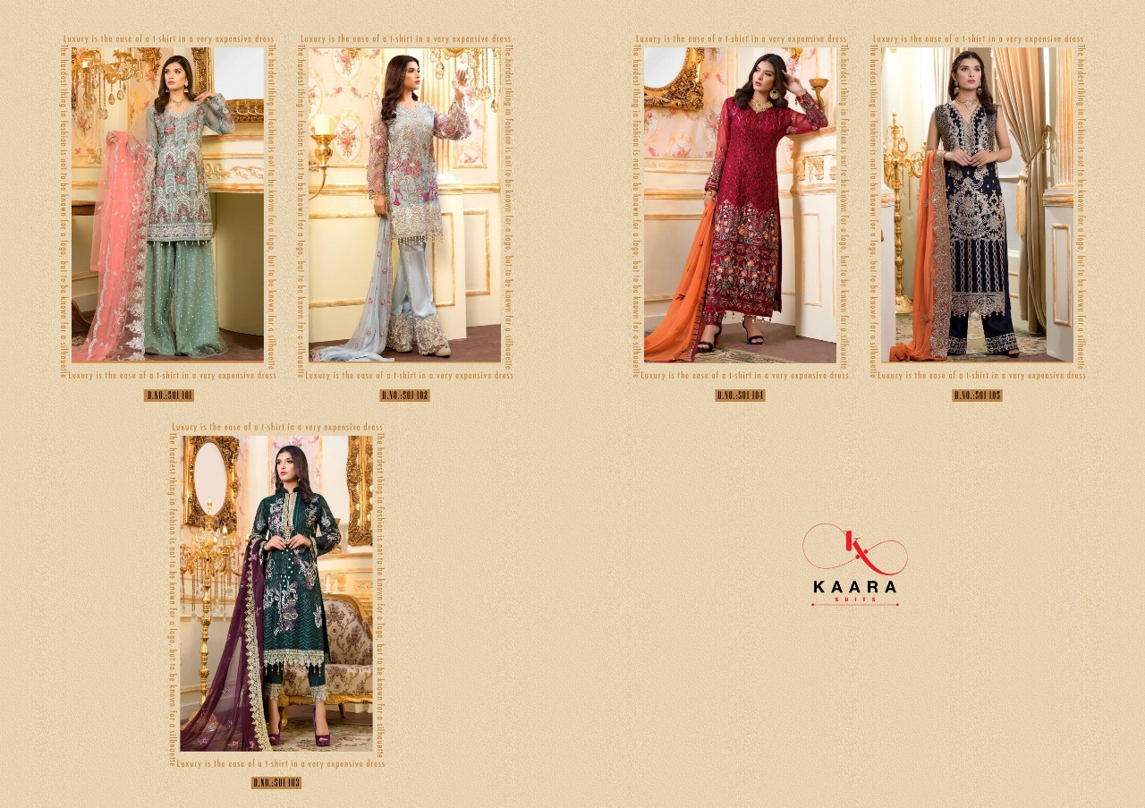 Crimson-19 By Kaara Suits 501-101 To 501-106 Series Designer Pakistani Suits Beautiful Stylish Fancy Colorful Party Wear & Ethnic Wear Faux Georgette/net With Heavy Embroidery Dresses At Wholesale Price