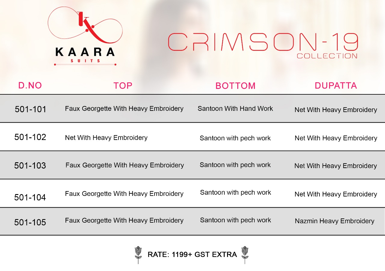 Crimson-19 By Kaara Suits 501-101 To 501-106 Series Designer Pakistani Suits Beautiful Stylish Fancy Colorful Party Wear & Ethnic Wear Faux Georgette/net With Heavy Embroidery Dresses At Wholesale Price