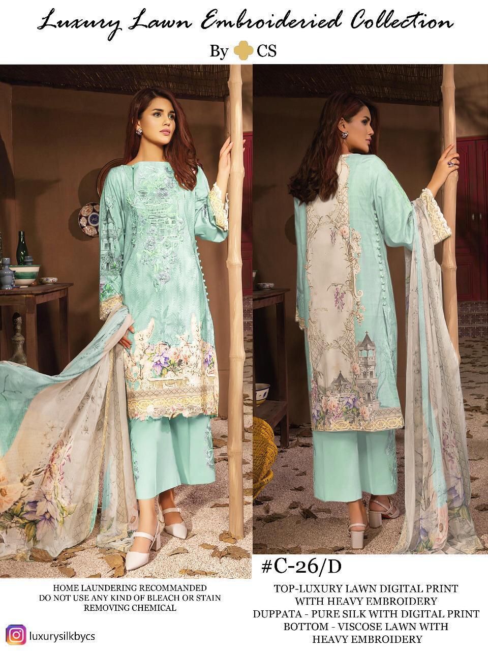 Cs Hit Design 26 Colours By Cs 26-a To 26-d Series Designer Pakistani Suits Colorful Stylish Fancy Beautiful Collection Casual Wear & Ethnic Wear Lawn Digital Print With Embroidery Dresses At Wholesale Price