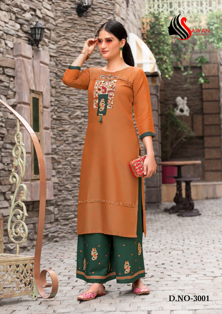 Dani Vol-3 By Sawan Creation 3001 To 3008 Series Stylish Fancy Beautiful Colorful Casual Wear & Ethnic Wear Heavy Rayon With Embroidered Kurtis And Bottom At Wholesale Price